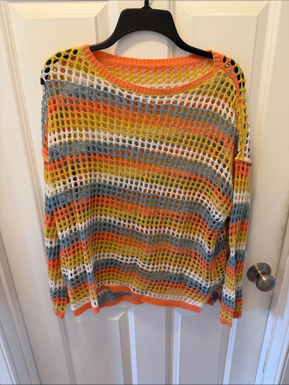 Cupshe Open-Knit Crew Sweater in Orange, Yellow, Blue, White, Gray